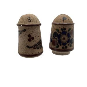 Vintage Tonal S/P Shakers Hand Painted Mexico Floral Signed 3 “ X  2” Flea Bite